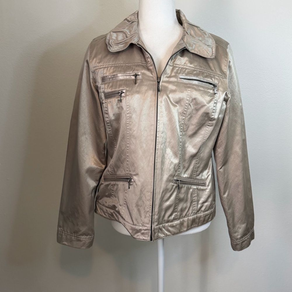 Chicos Womens Sz 1 (Med 8) Gold Metallic Casual Sheen Kori Jacket Zip Front